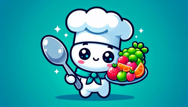 Photo a cartoon chef cook with a spoon and a bowl of fruit