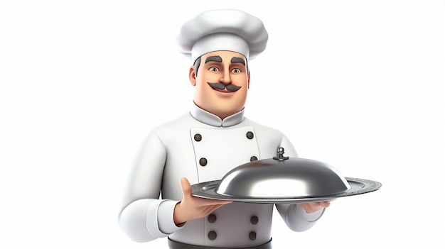 Cartoon chef holding a silver platter on white background