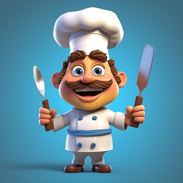 A cartoon chef holding a spoon and fork in his hands.