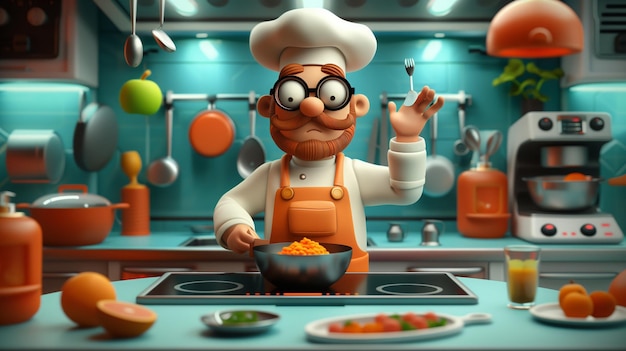 Photo a cartoon chef prepares food in a spaceship kitchen floating in zero gravity