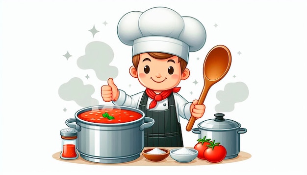 a cartoon of a chef with a spoon and pot of food