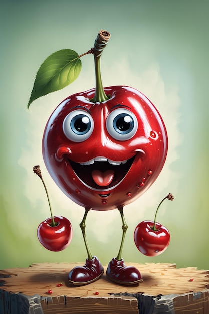 a cartoon cherry with a smiling face and a leaf on top