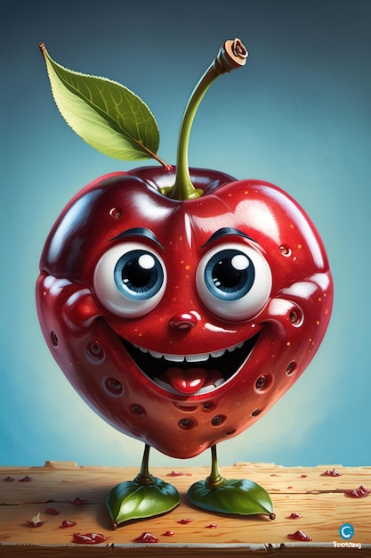 a cartoon cherry with a smiling face and a leaf on top