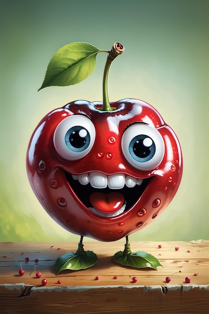 a cartoon cherry with a smiling face and a leaf on top