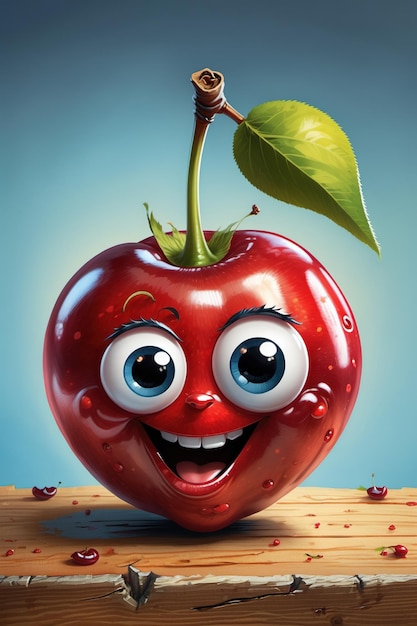 a cartoon cherry with a smiling face and a leaf on top