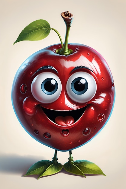 a cartoon cherry with a smiling face and a leaf on top