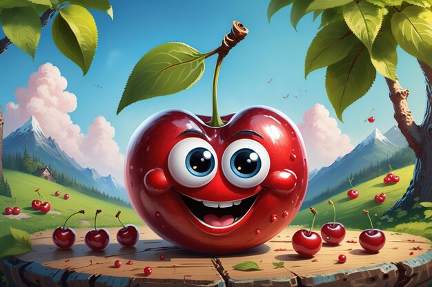 a cartoon cherry with a smiling face and a leaf on top