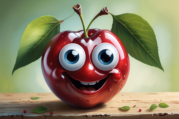 a cartoon cherry with a smiling face and a leaf on top