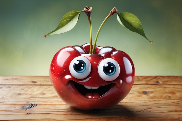 a cartoon cherry with a smiling face and a leaf on top