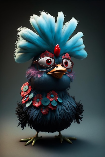 A cartoon chicken with glasses and a blue feathered head