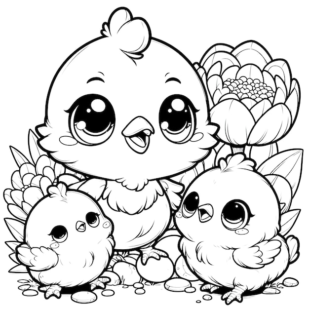 Cartoon of chicken with simple lines for children to color in book pages Drawing for vectorization