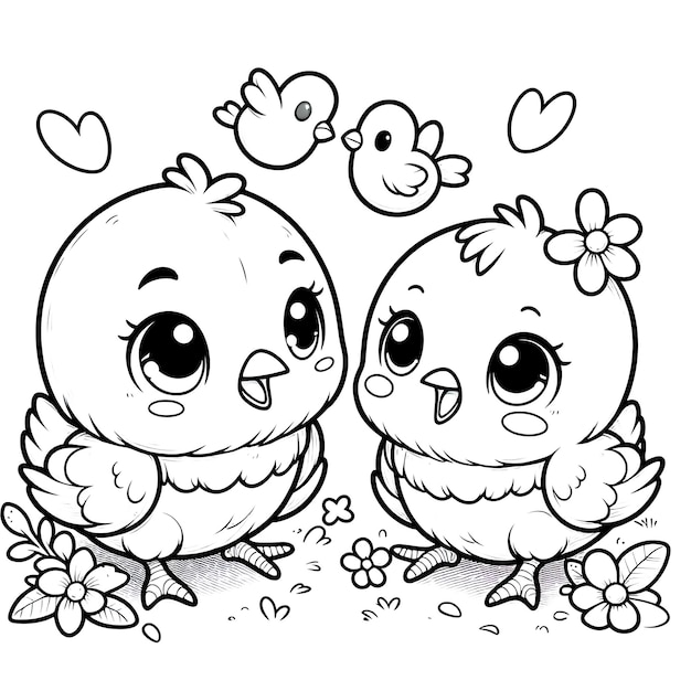 Cartoon of chicken with simple lines for children to color in book pages Drawing for vectorization