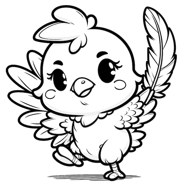 Cartoon of chicken with simple lines for children to color in book pages Drawing for vectorization