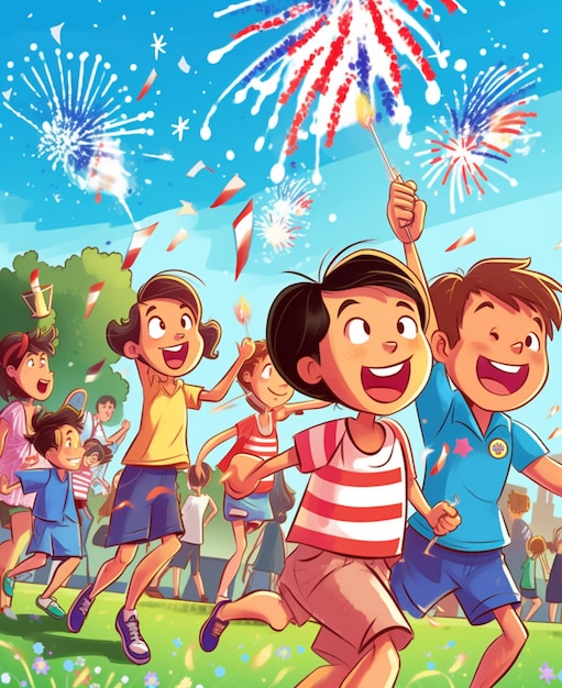 A cartoon of children celebrating with fireworks in the background.