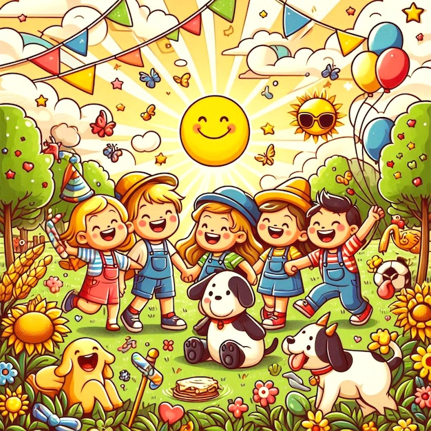 a cartoon of children and dogs in a park with a sun in the background