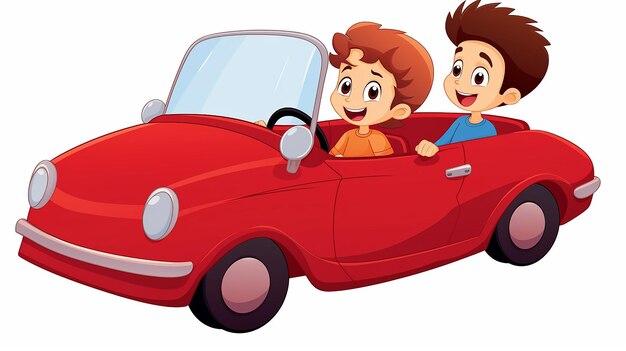 Photo cartoon children driving a red car