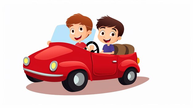 Photo cartoon children driving a red car