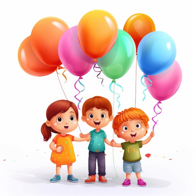 A cartoon of children holding balloons with the words happy birthday on it.