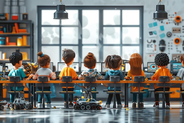 Cartoon children learning technology in a modern classroom