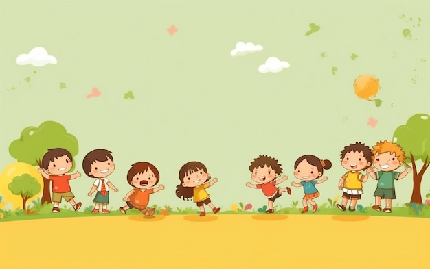 A cartoon of children playing on a green grass background