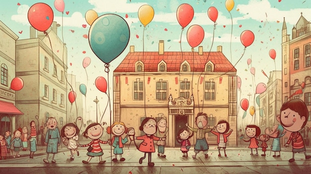 A cartoon of children playing in a street with balloons in the background