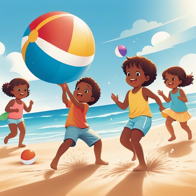 a cartoon of children playing with a beach ball