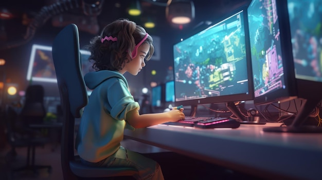 A cartoon children in a room with a Computer