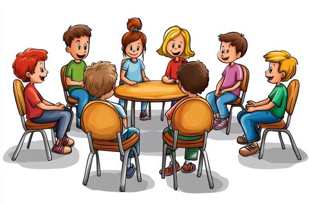 Photo cartoon children sitting in circle around a table