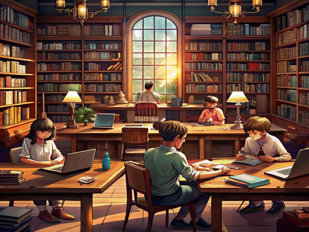 Photo a cartoon of children sitting at a table with laptops and books