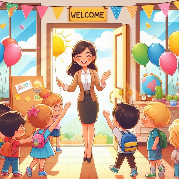 a cartoon of children standing in front of a sign that says welcome to welcome