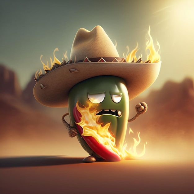 cartoon chili pepper with a hat and a fire generative ai