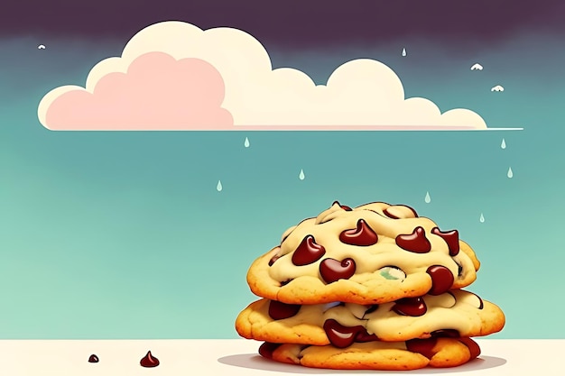 Photo a cartoon of a chocolate chip cookie with a cloudy sky in the background