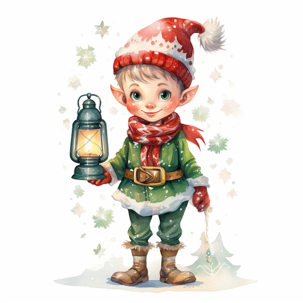 cartoon christmas elf with lantern and snowflakes generative ai