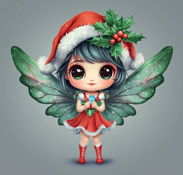 Photo cartoon christmas fairy with holly leaves and a red hat generative ai