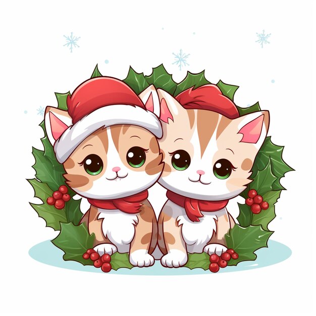 Photo cartoon christmas kittens with holly leaves and hats sitting on a snow covered ground generative ai