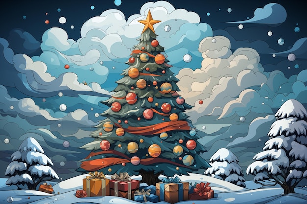 cartoon christmas tree with presents in the snow with a sky background generativ ai