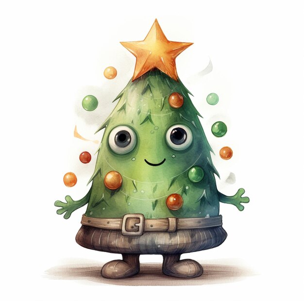 cartoon christmas tree with a star on top and a belt around its neck generative ai