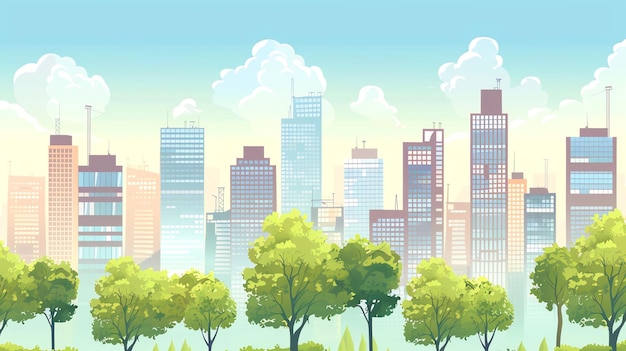 Photo cartoon city skyline with trees in front