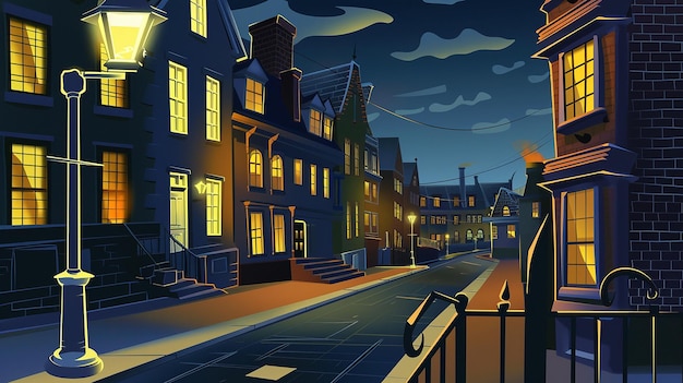 Cartoon city street at night Vector illustration