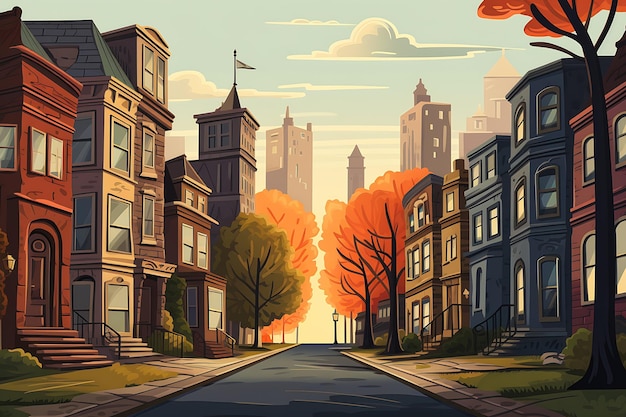 A cartoon city street with tall buildings falling down an infin