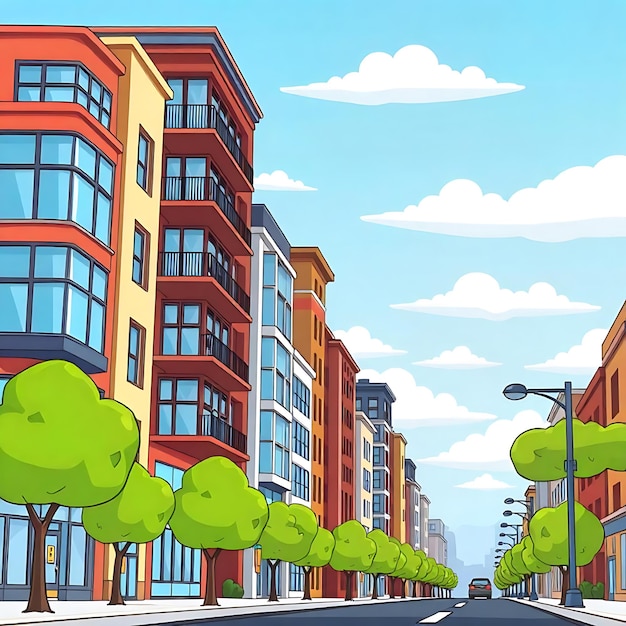 a cartoon of a city street with a tree and a building with a green tree on the right