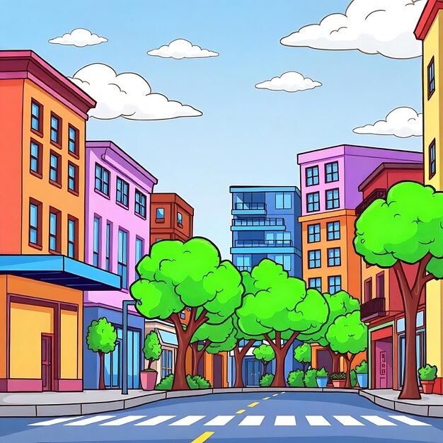 Photo a cartoon of a city street with trees and buildings