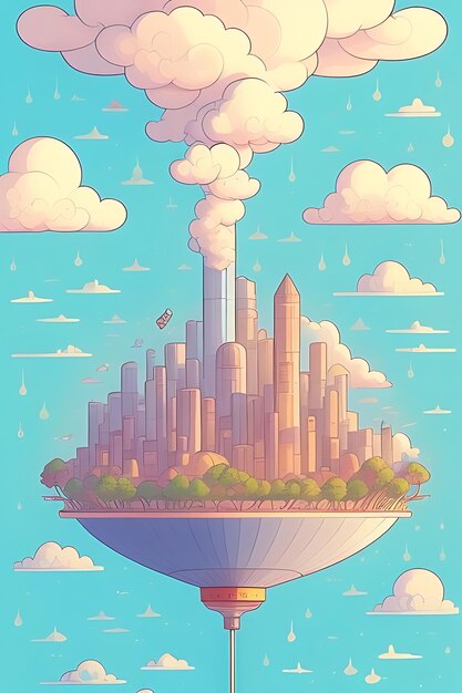 Photo a cartoon of a city with a balloon that says city on it