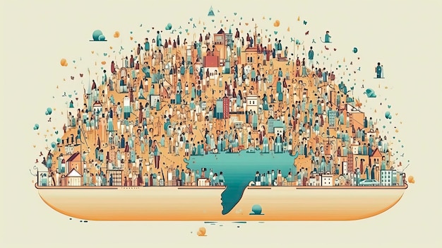 A cartoon of a city with a large cloud in the middle of it.