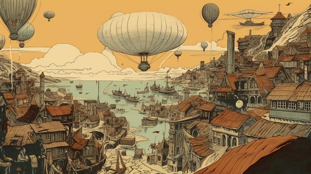 A cartoon of a city with a large hot air balloon in the sky.