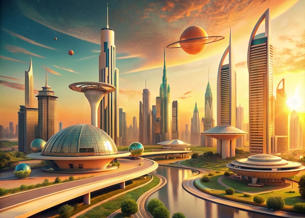 a cartoon of a city with a planet and a city in the background