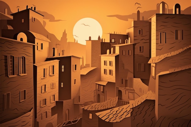 A cartoon of a city with a sunset in the background.