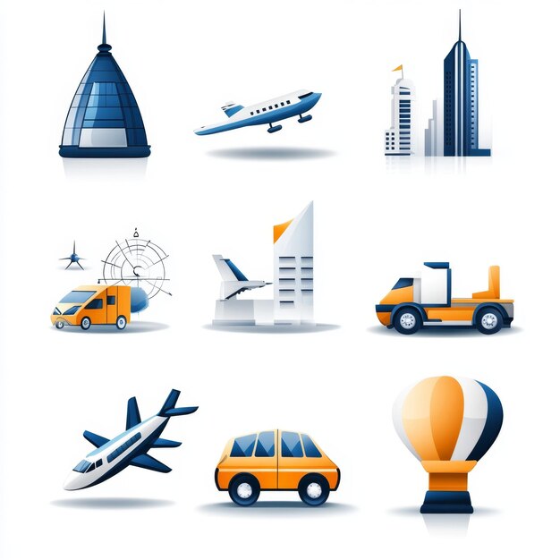 Photo cartoon cityscape icons set transportation buildings hot air balloon