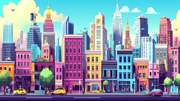 Photo a cartoon cityscape with tall buildings and bright colors