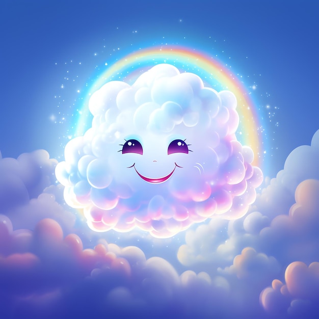 a cartoon cloud with a rainbow in the sky